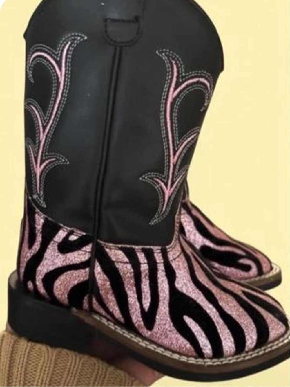 Old West Black and Pink Zebra Glitter Kids Cowboy Boots